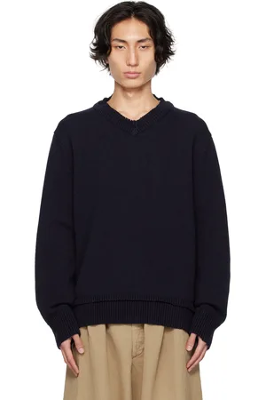 Maison Margiela Pull bleu marine à empiècement aux coudes