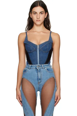MUGLER Justaucorps bleu et noir en denim à panneaux