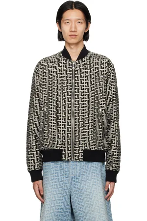 Balmain Blouson aviateur réversible noir et beige à motif en tissu jacquard