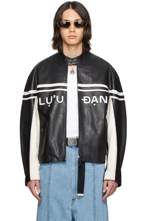 LU’U DAN Blouson noir et blanc en cuir à panneaux