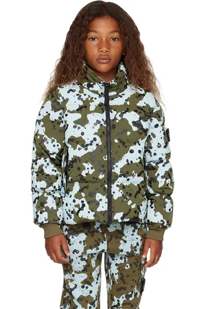 Stone Island Enfant | Blouson bleu et vert rembourré en duvet à motif graphique imprimé