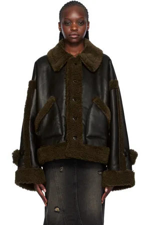 lesugiatelier Blouson noir et brun en cuir synthétique à panneaux