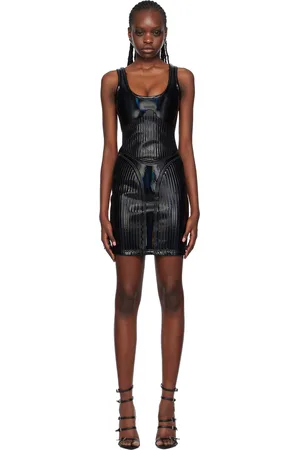 MUGLER Robe courte noire à logo et ornements gaufrés
