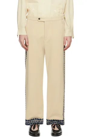 BODE Pantalon blanc cassé et bleu marine à motif graphique