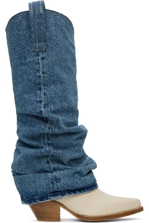 R13 Bottes de cowboy hauteur mi-mollet bleu et blanc à empiècement en denim