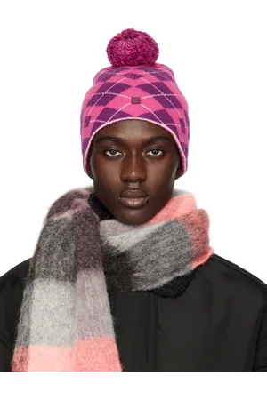 Acne Studios Bonnet rose et mauve à motif argyle en tricot jacquard