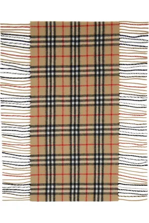 Burberry Écharpe beige en cachemire à franges et à carreaux