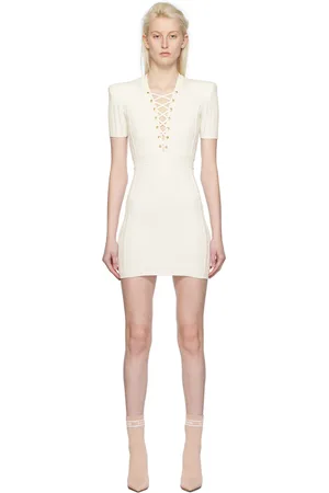 Balmain Robe courte blanche à col en V à ornement lacé
