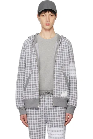 Thom Browne Pull à capuche gris à quatre rayures et à carreaux