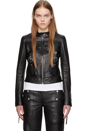 BLUMARINE Blouson motard noir en cuir à pattes à boucle à ardillon