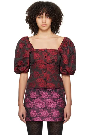 Ganni Chemisier noir et rouge à motif fleuri en tissu jacquard
