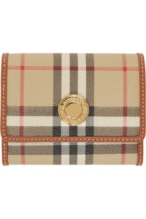 Burberry Petit portefeuille beige en cuir à carreaux et à rabat