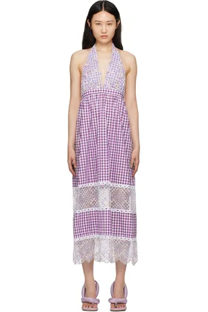 Anna Sui Robe longue mauve et blanc à motif guinguan