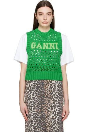 Ganni Gilet vert en tricot à mailles ouvertes