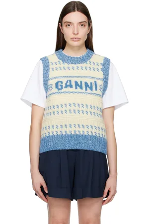 Ganni Gilet blanc cassé à motif graphique et logos en tricot jacquard