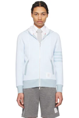 Thom Browne Pull à capuche blanc et bleu à quatre rayures