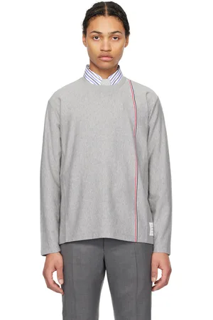 Thom Browne T-shirt à manches longues gris à garnitures à rayures tricolores