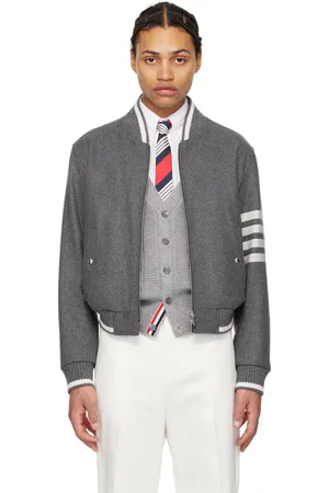 Thom Browne Blouson aviateur gris à garnitures en tricot côtelé