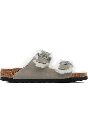 Birkenstock Sandales étroites Arizona grises à doublure en peau retournée