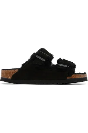 Birkenstock Sandales étroites Arizona noires à doublure en peau retournée