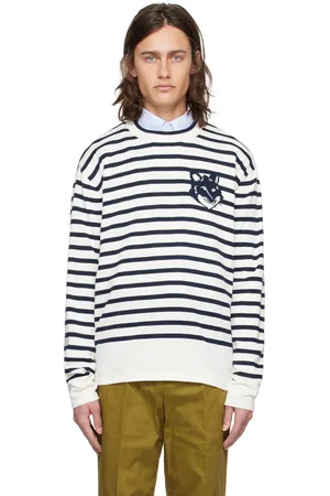 Maison Kitsuné Pull blanc et bleu marine à logo de renard en intarsia