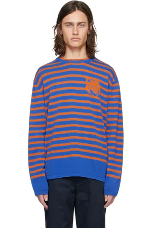 Maison Kitsuné Pull bleu et orange à logo de renard en intarsia