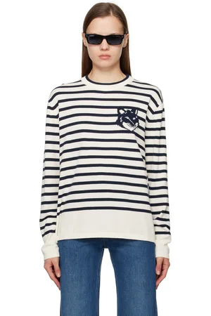 Maison Kitsuné Pull blanc et bleu marine à logo de renard