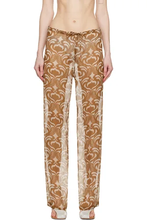DRIES VAN NOTEN Pantalon blanc cassé et brun clair à motif graphique imprimé