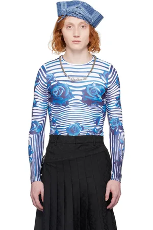 Jean Paul Gaultier T-shirt à manches longues blanc et bleu marine à motif fleuri