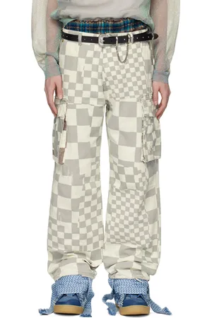 ERL Pantalon cargo gris à motif à carreaux imprimé