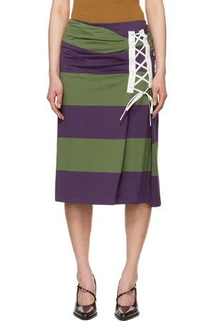 DRIES VAN NOTEN Jupe midi mauve et vert à rayures