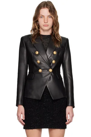 Balmain Blouson noir en cuir à double boutonnage