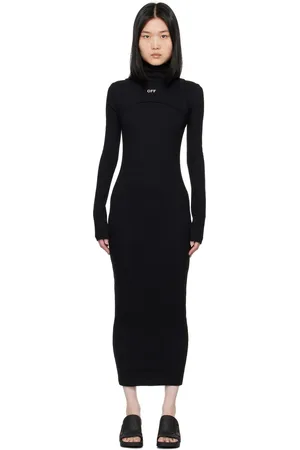OFF-WHITE Robe longue noire en tricot côtelé à logo