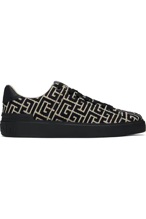 Balmain Baskets B-Court noir et blanc cassé à monogrammes en tissu jacquard