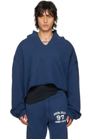 GREG ROSS Pull à capuche bleu marine à col en V exclusif à SSENSE