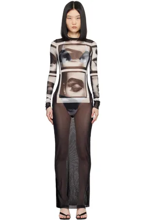 Jean Paul Gaultier Robe longue noire à motif Eyes and Lips - Fashion Fiction