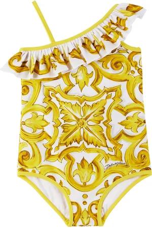 Dolce & Gabbana Enfant | Maillot de bain blanc et jaune à motif de majoliques imprimé
