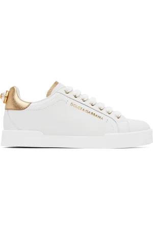 Dolce & Gabbana Baskets Portofino blanc et doré en cuir de veau nappa