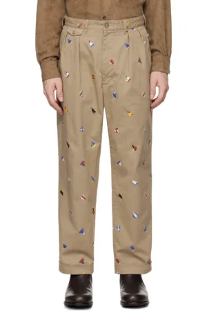 Beams Pantalon beige à plis et à motif graphique brodé