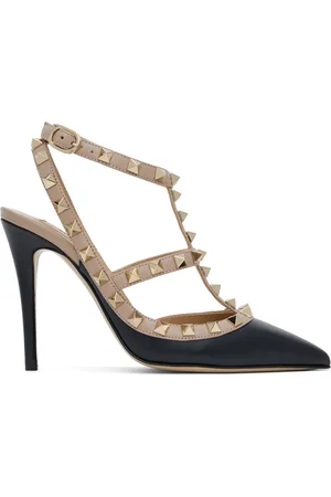 VALENTINO GARAVANI Chaussures à talon aiguille 100 taupe et bleu marine à brides et à clous Rockstud