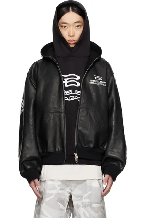 Balenciaga Blouson noir en cuir à logos modifiés générés par l