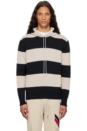 Moncler Pull à capuche bleu marine et beige à rayures
