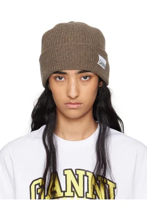 Ganni Bonnet ajusté taupe en tricot côtelé de laine