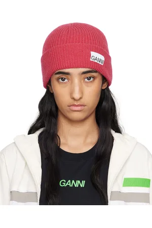 Ganni Bonnet ajusté rose en tricot côtelé de laine