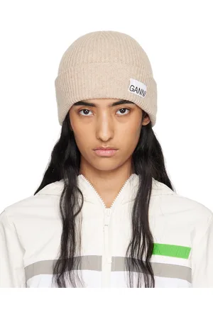 Ganni Bonnet ajusté beige en tricot côtelé de laine