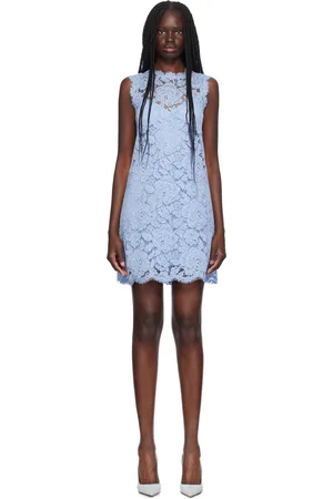 Dolce & Gabbana Robe trapèze courte bleue en dentelle à motif fleuri