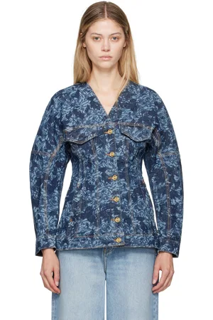Ganni Blouson bleu marine en denim à motif fleuri imprimé