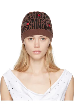 Moschino Bonnet brun à images de cœur brodées et logos en tricot jacquard