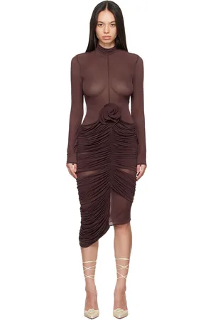 MAGDA BUTRYM Robe midi bourgogne en jersey semi-transparent à col montant