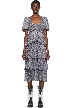 Ganni Robe midi bleue à motif fleuri